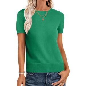 ANRABESS Womens Short Sleeve Sweaters Wool Blend Crew Neck Sweater Shirts Business Casual Work Tops 2025 Summer Outfits(Green)