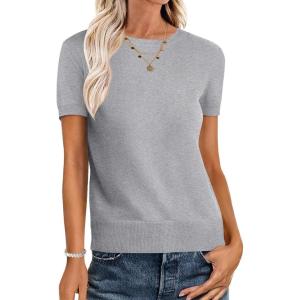 ANRABESS Womens Short Sleeve Sweaters Wool Blend Crew Neck Sweater Shirts Business Casual Work Tops 2025 Summer Outfits(Grey)