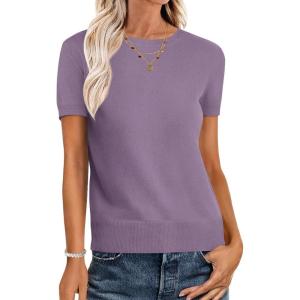 ANRABESS Womens Short Sleeve Sweaters Wool Blend Crew Neck Sweater Shirts Business Casual Work Tops 2025 Summer Outfits(Grey Purple)