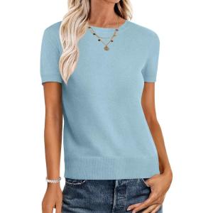 ANRABESS Womens Short Sleeve Sweaters Wool Blend Crew Neck Sweater Shirts Business Casual Work Tops 2025 Summer Outfits(Light Blue)