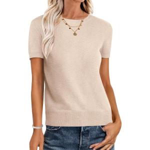 ANRABESS Womens Short Sleeve Sweaters Wool Blend Crew Neck Sweater Shirts Business Casual Work Tops 2025 Summer Outfits(Parchment Beige)