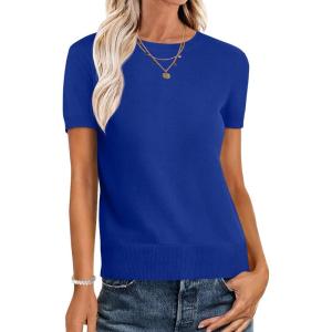ANRABESS Womens Short Sleeve Sweaters Wool Blend Crew Neck Sweater Shirts Business Casual Work Tops 2025 Summer Outfits(Royal Blue)