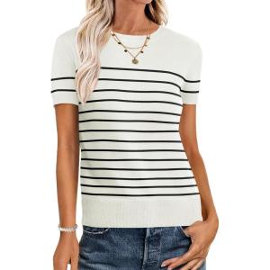 ANRABESS Womens Short Sleeve Sweaters Wool Blend Crew Neck Sweater Shirts Business Casual Work Tops 2025 Summer Outfits(White Black Stripe)