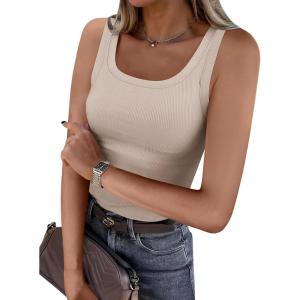 ANRABESS Womens Sleeveless Scoop Neck Tank Top Ribbed Fitted Summer Basic Slim Cute Tops 2025(Beige)