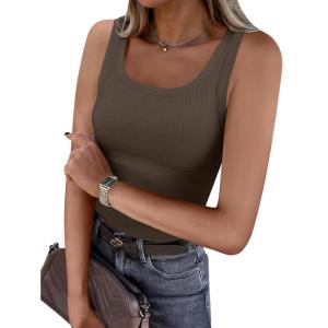 ANRABESS Womens Sleeveless Scoop Neck Tank Top Ribbed Fitted Summer Basic Slim Cute Tops 2025(Brown)