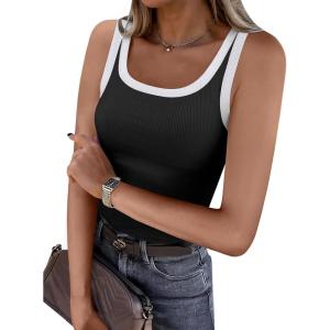 ANRABESS Womens Sleeveless Scoop Neck Tank Top Ribbed Fitted Summer Basic Slim Cute Tops 2025(Color Block Black)