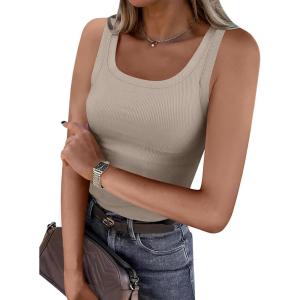 ANRABESS Womens Sleeveless Scoop Neck Tank Top Ribbed Fitted Summer Basic Slim Cute Tops 2025(Khaki)