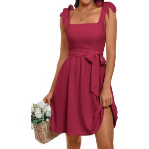 ANRABESS Women’s Sleeveless Tie Strap Mini Dress Summer Square Neck Smocked A Line Swing Elegant Cute Cocktail Short Dresses(Dark Red)