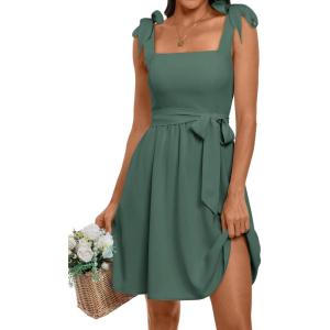 ANRABESS Women’s Sleeveless Tie Strap Mini Dress Summer Square Neck Smocked A Line Swing Elegant Cute Cocktail Short Dresses(Green)