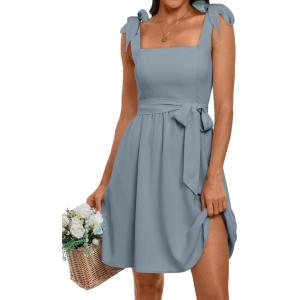 ANRABESS Women’s Sleeveless Tie Strap Mini Dress Summer Square Neck Smocked A Line Swing Elegant Cute Cocktail Short Dresses(Grey Blue)