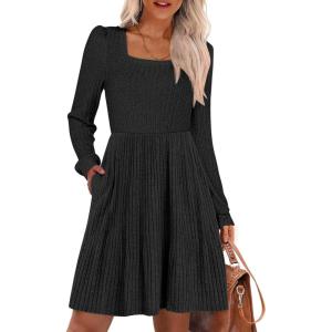 ANRABESS Women’s Square Neck Long Sleeve Fall Dress Casual Ribbed Knit Soft 2025 Trendy Short Sweater Dresses with Pockets(Black)