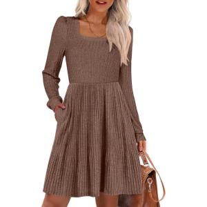 ANRABESS Women’s Square Neck Long Sleeve Fall Dress Casual Ribbed Knit Soft 2025 Trendy Short Sweater Dresses with Pockets(Brown)