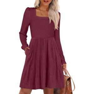 ANRABESS Women’s Square Neck Long Sleeve Fall Dress Casual Ribbed Knit Soft 2025 Trendy Short Sweater Dresses with Pockets(Burgundy)
