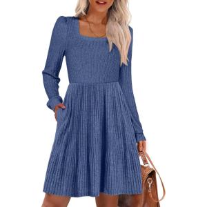 ANRABESS Women’s Square Neck Long Sleeve Fall Dress Casual Ribbed Knit Soft 2025 Trendy Short Sweater Dresses with Pockets(Dark Blue)