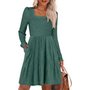 ANRABESS Women’s Square Neck Long Sleeve Fall Dress Casual Ribbed Knit Soft 2025 Trendy Short Sweater Dresses with Pockets(Green)