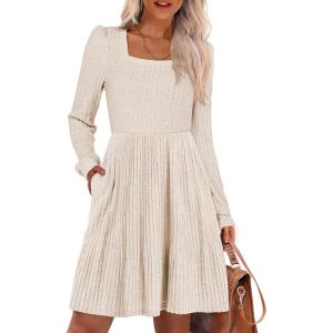 ANRABESS Women’s Square Neck Long Sleeve Fall Dress Casual Ribbed Knit Soft 2025 Trendy Short Sweater Dresses with Pockets(Light Khaki)