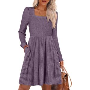 ANRABESS Women’s Square Neck Long Sleeve Fall Dress Casual Ribbed Knit Soft 2025 Trendy Short Sweater Dresses with Pockets(Purple)