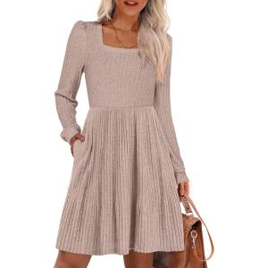 ANRABESS Women’s Square Neck Long Sleeve Fall Dress Casual Ribbed Knit Soft 2025 Trendy Short Sweater Dresses with Pockets(Tan)