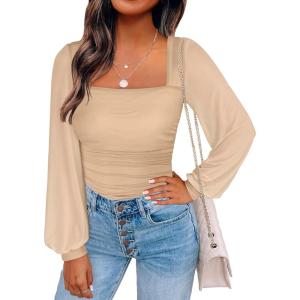 ANRABESS Womens Square Neck Mesh Long Sleeve Tops Double Lined Dressy Business Casual Blouses Shirts 2025 Fall Outfits(Apricot)