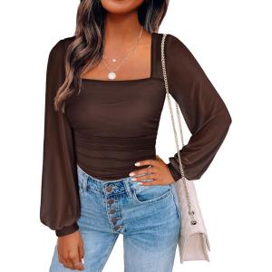ANRABESS Womens Square Neck Mesh Long Sleeve Tops Double Lined Dressy Business Casual Blouses Shirts 2025 Fall Outfits(Brown)