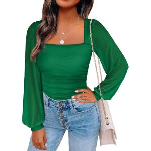 ANRABESS Womens Square Neck Mesh Long Sleeve Tops Double Lined Dressy Business Casual Blouses Shirts 2025 Fall Outfits(Green)