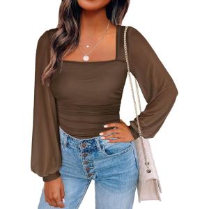 ANRABESS Womens Square Neck Mesh Long Sleeve Tops Double Lined Dressy Business Casual Blouses Shirts 2025 Fall Outfits(Mocha)