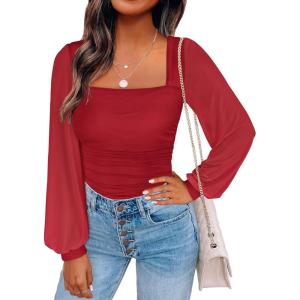 ANRABESS Womens Square Neck Mesh Long Sleeve Tops Double Lined Dressy Business Casual Blouses Shirts 2025 Fall Outfits(Red)