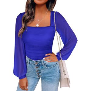 ANRABESS Womens Square Neck Mesh Long Sleeve Tops Double Lined Dressy Business Casual Blouses Shirts 2025 Fall Outfits(Royal Blue)