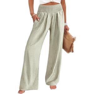 ANRABESS Womens Striped Gingham Palazzo Pants Wide Leg High Waisted Lounge Pajama Pants Cute Casual Trousers with Pockets(Army Green White Plaid)