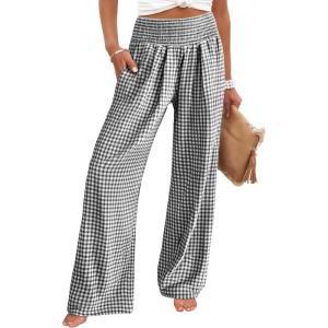 ANRABESS Womens Striped Gingham Palazzo Pants Wide Leg High Waisted Lounge Pajama Pants Cute Casual Trousers with Pockets(Black White Plaid)
