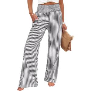 ANRABESS Womens Striped Gingham Palazzo Pants Wide Leg High Waisted Lounge Pajama Pants Cute Casual Trousers with Pockets(Black White Stripe)