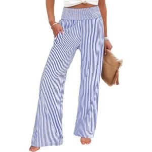 ANRABESS Womens Striped Gingham Palazzo Pants Wide Leg High Waisted Lounge Pajama Pants Cute Casual Trousers with Pockets(Blue White Stripe)