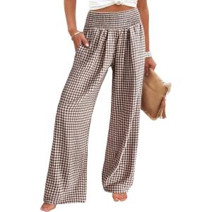 ANRABESS Womens Striped Gingham Palazzo Pants Wide Leg High Waisted Lounge Pajama Pants Cute Casual Trousers with Pockets(Brown White Plaid)
