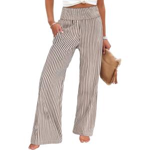 ANRABESS Womens Striped Gingham Palazzo Pants Wide Leg High Waisted Lounge Pajama Pants Cute Casual Trousers with Pockets(Brown White Stripe)