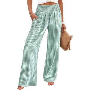 ANRABESS Womens Striped Gingham Palazzo Pants Wide Leg High Waisted Lounge Pajama Pants Cute Casual Trousers with Pockets(Green White Plaid)