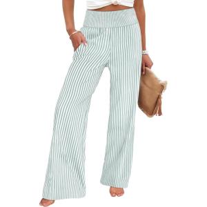 ANRABESS Womens Striped Gingham Palazzo Pants Wide Leg High Waisted Lounge Pajama Pants Cute Casual Trousers with Pockets(Green White Stripe)