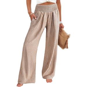 ANRABESS Womens Striped Gingham Palazzo Pants Wide Leg High Waisted Lounge Pajama Pants Cute Casual Trousers with Pockets(Light Brown White Plaid)