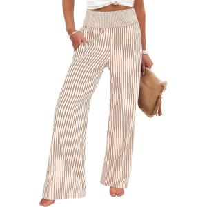 ANRABESS Womens Striped Gingham Palazzo Pants Wide Leg High Waisted Lounge Pajama Pants Cute Casual Trousers with Pockets(Light Brown White Stripe)