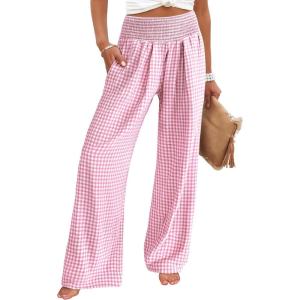 ANRABESS Womens Striped Gingham Palazzo Pants Wide Leg High Waisted Lounge Pajama Pants Cute Casual Trousers with Pockets(Pink White Plaid)