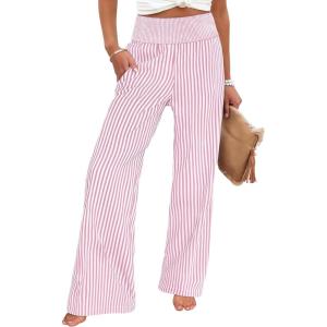 ANRABESS Womens Striped Gingham Palazzo Pants Wide Leg High Waisted Lounge Pajama Pants Cute Casual Trousers with Pockets(Pink White Stripe)