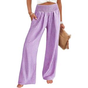 ANRABESS Womens Striped Gingham Palazzo Pants Wide Leg High Waisted Lounge Pajama Pants Cute Casual Trousers with Pockets(Purple White Plaid)