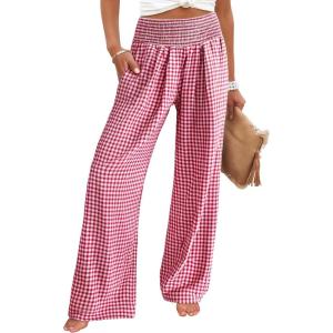 ANRABESS Womens Striped Gingham Palazzo Pants Wide Leg High Waisted Lounge Pajama Pants Cute Casual Trousers with Pockets(Red White Plaid)