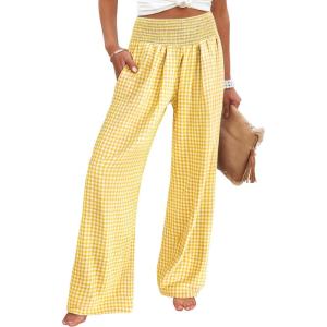 ANRABESS Womens Striped Gingham Palazzo Pants Wide Leg High Waisted Lounge Pajama Pants Cute Casual Trousers with Pockets(Yellow White Plaid)