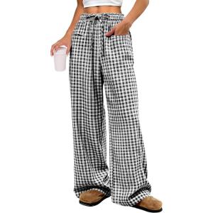 ANRABESS Womens Striped Gingham Pants 2025 Pajama Drawstring Wide Leg Lounge Plaid Pants Cute Casual Trousers with Pockets(Black White Plaid)