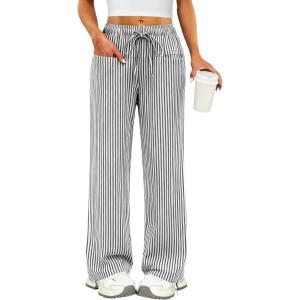 ANRABESS Womens Striped Gingham Pants 2025 Pajama Drawstring Wide Leg Lounge Plaid Pants Cute Casual Trousers with Pockets(Black White Stripe)