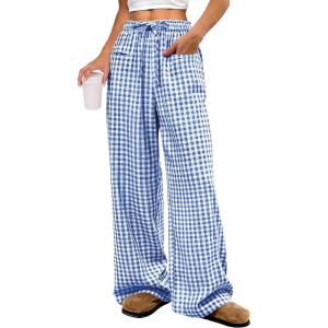ANRABESS Womens Striped Gingham Pants 2025 Pajama Drawstring Wide Leg Lounge Plaid Pants Cute Casual Trousers with Pockets(Blue White Plaid)