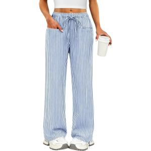 ANRABESS Womens Striped Gingham Pants 2025 Pajama Drawstring Wide Leg Lounge Plaid Pants Cute Casual Trousers with Pockets(Blue White Stripe)