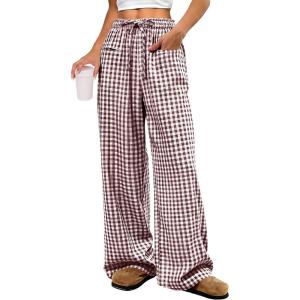 ANRABESS Womens Striped Gingham Pants 2025 Pajama Drawstring Wide Leg Lounge Plaid Pants Cute Casual Trousers with Pockets(Brown White Plaid)