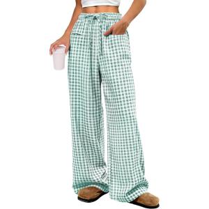 ANRABESS Womens Striped Gingham Pants 2025 Pajama Drawstring Wide Leg Lounge Plaid Pants Cute Casual Trousers with Pockets(Green White Plaid)