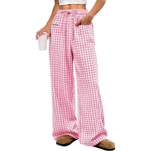 ANRABESS Womens Striped Gingham Pants 2025 Pajama Drawstring Wide Leg Lounge Plaid Pants Cute Casual Trousers with Pockets(Pink White Plaid)